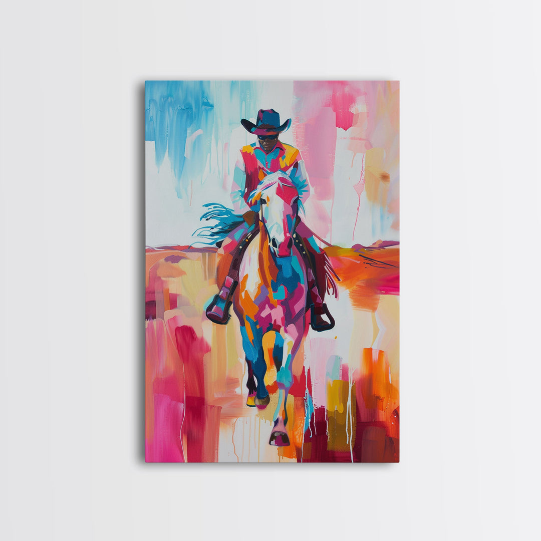 Colorful Cowboy on Horseback Art - Framed Canvas Print, Western Decor, Dynamic Living Room Wall Art, Horse Rider Artwork