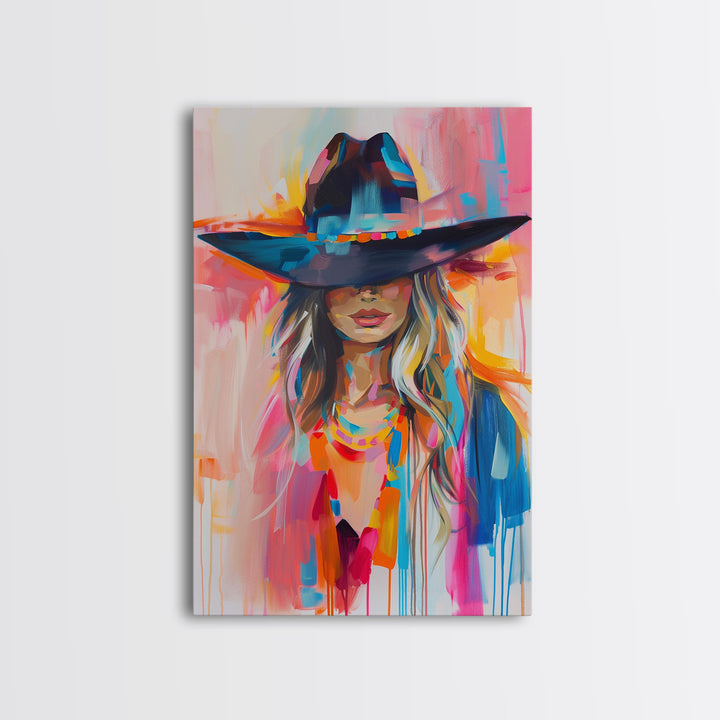 Modern Cowgirl in Hat Art - Framed Canvas Print, Stylish Bedroom Wall Art, Vibrant Living Room Decor, Contemporary Cowgirl Portrait