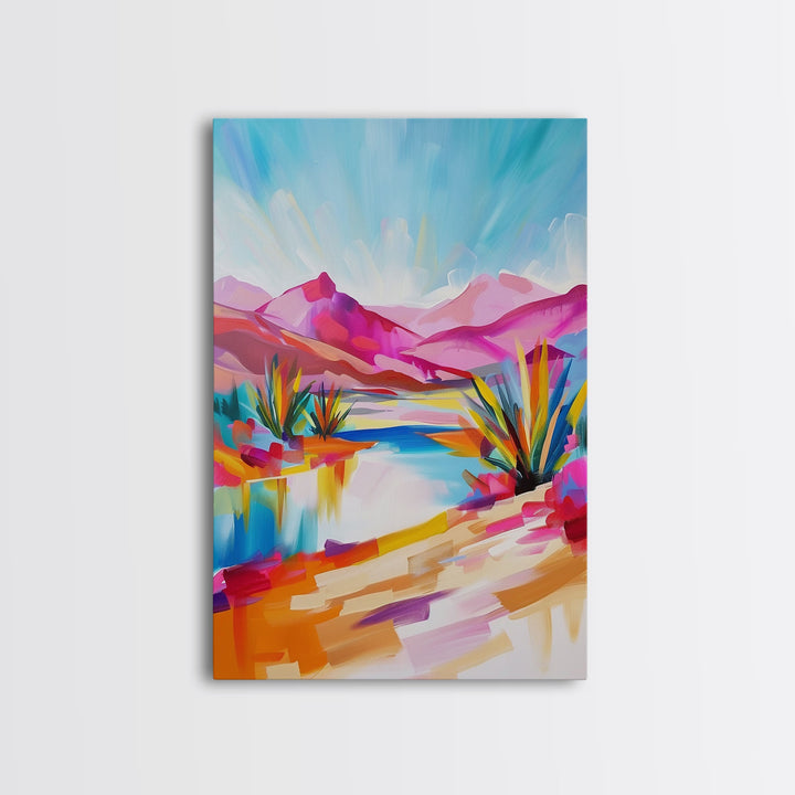 Bright Southwestern Landscape Art - Framed Canvas Print, Desert Decor, Vibrant Living Room Wall Art, Colorful Nature Scene
