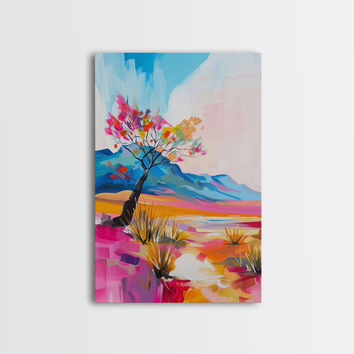Bright Desert Tree Art - Framed Canvas Print, Southwestern Decor, Colorful Living Room Wall Art, Modern Desert Landscape
