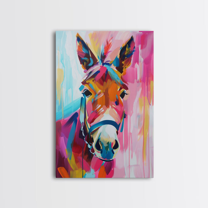 Colorful Donkey Portrait Art - Framed Canvas Print, Southwestern Decor, Vibrant Living Room Wall Art, Modern Animal Portrait