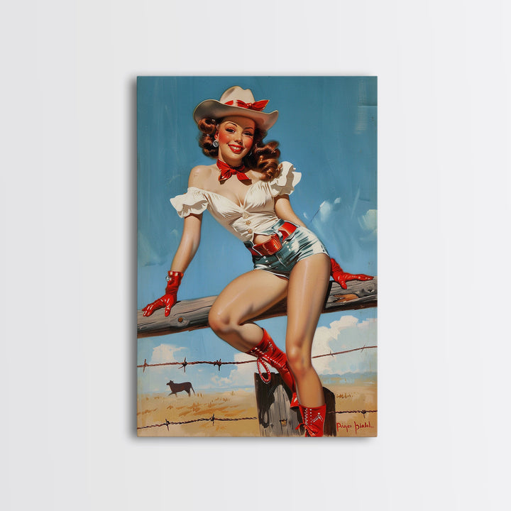 Retro Cowgirl Pin-Up Art Print, Framed Canvas Western Decor, Vintage Pin-Up Girl in Red Boots, Classic Western Artwork for Home