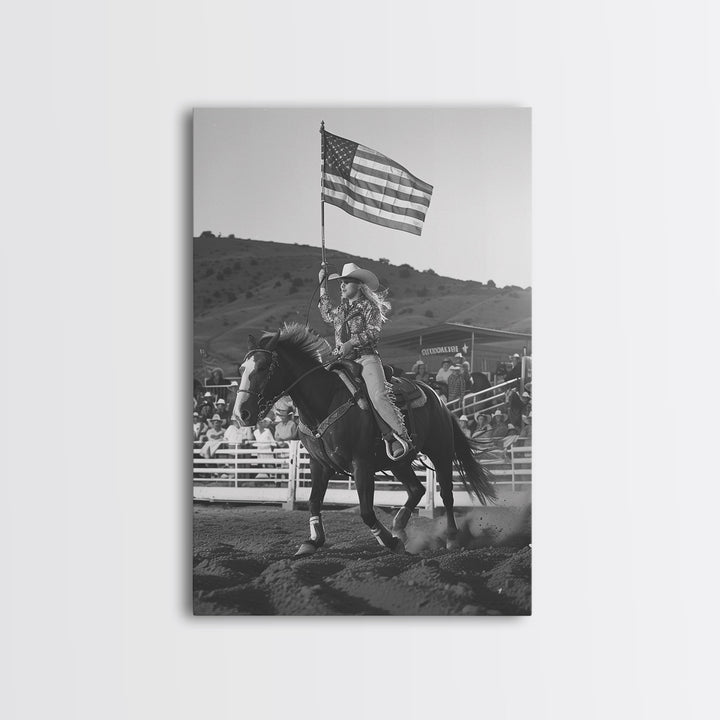Cowgirl Flag Bearer Art Print, Western Rodeo Framed Canvas, Vintage Black and White Photography, Unique Wall Decor