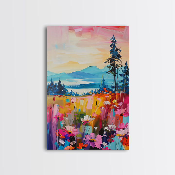 Serene Landscape with Wildflowers Framed Canvas Print - Pastel Sunset Wall Art, Tranquil Living Room Decor, Nature-Inspired Bedroom Art