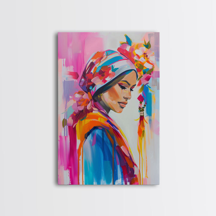 Portrait of Woman in Floral Headscarf Framed Canvas Print - Elegant Wall Art, Feminine Living Room Decor, Artistic Bedroom Art