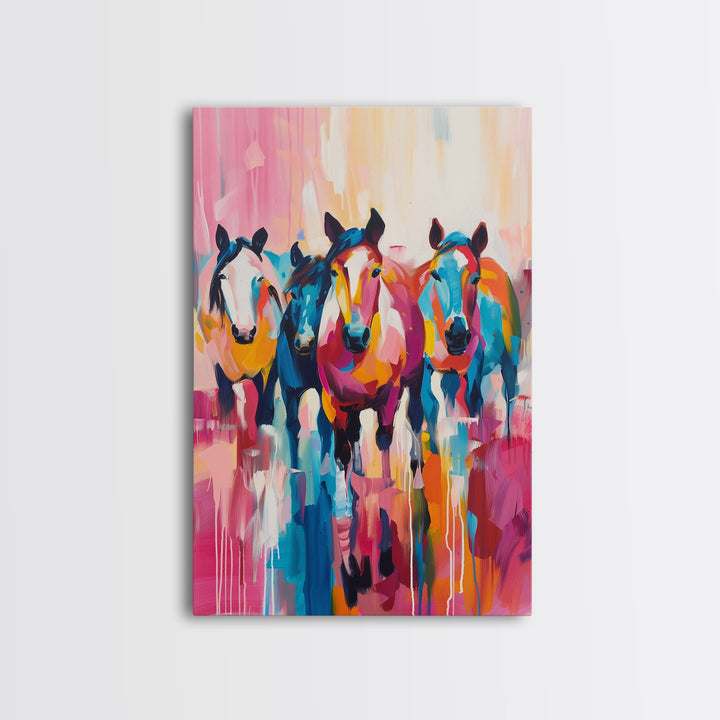 Colorful Horses Running Framed Canvas Print - Vibrant Horse Wall Art, Energetic Living Room Decor, Dynamic Bedroom Art, Equestrian Art