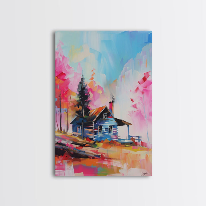 Cozy Cabin in Colorful Forest Framed Canvas Print - Charming Cottage Wall Art, Cozy Living Room Decor, Warm Bedroom Art, Rustic Home Decor