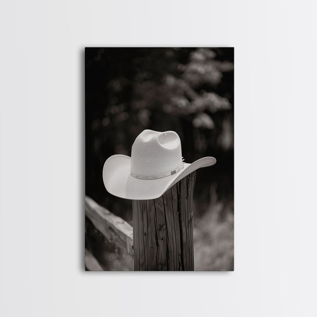 Cowboy Hat on a Wooden Fence Post in Rustic Black and White Photography for Western Home Decor, Canvas Prints, Wall Art for Living Room