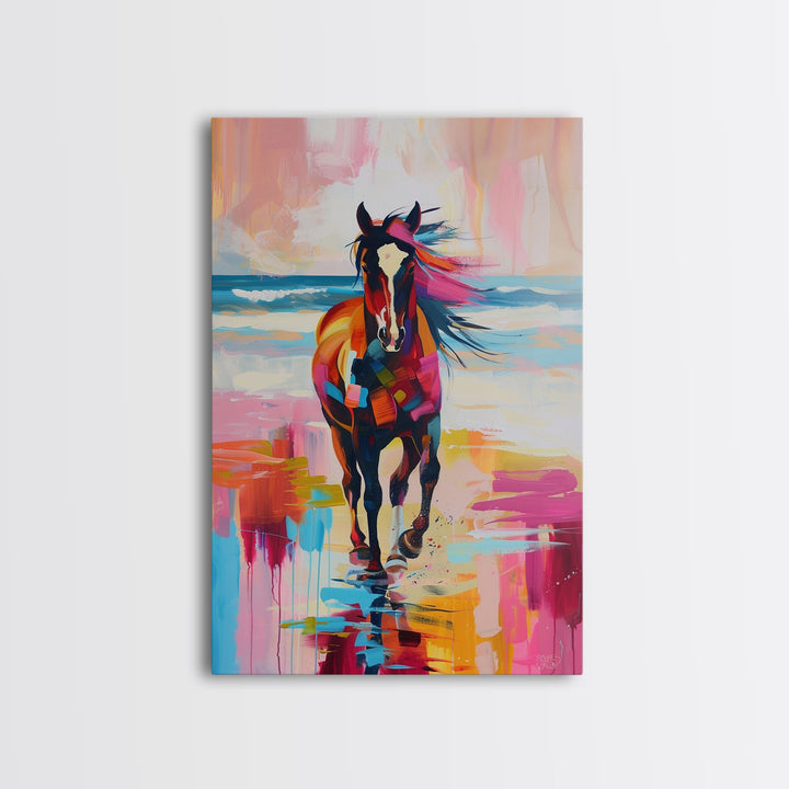 Horse on Beach in Bold Colors Framed Canvas Print - Beach Horse Wall Art, Colorful Living Room Decor, Bedroom Art, Coastal Equestrian Art
