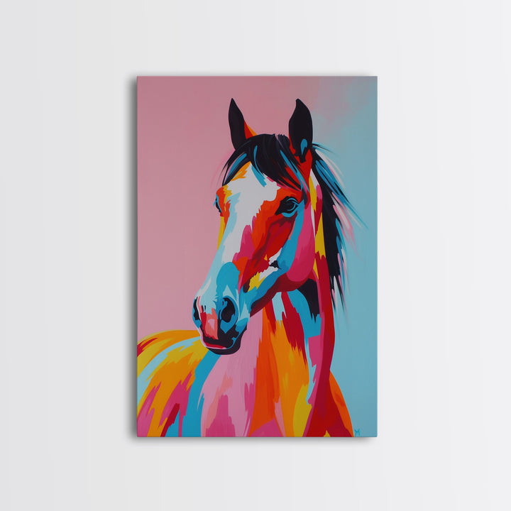 Colorful Horse Portrait - Framed Canvas Print, Bold Wall Art, Living Room Decor, Modern Horse Artwork, Vibrant Animal Art, Bedroom Decor