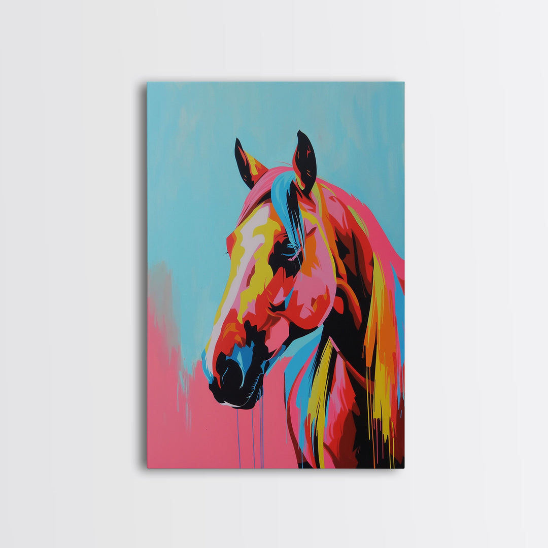 Colorful Horse Head Art - Framed Canvas Print, Vibrant Wall Art, Modern Living Room Decor, Horse Portrait, Bold Animal Artwork, Bedroom Art