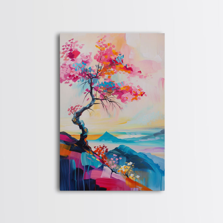 Colorful Tree on a Cliff - Framed Canvas Print, Vibrant Wall Art, Living Room Decor, Modern Nature Artwork, Bold Tree Art, Bedroom Decor