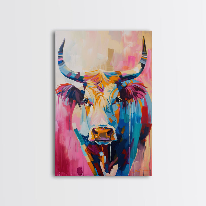 Colorful Cow Portrait - Framed Canvas Print, Vibrant Wall Art, Modern Living Room Decor, Bold Animal Artwork, Cow Art Print, Bedroom Decor