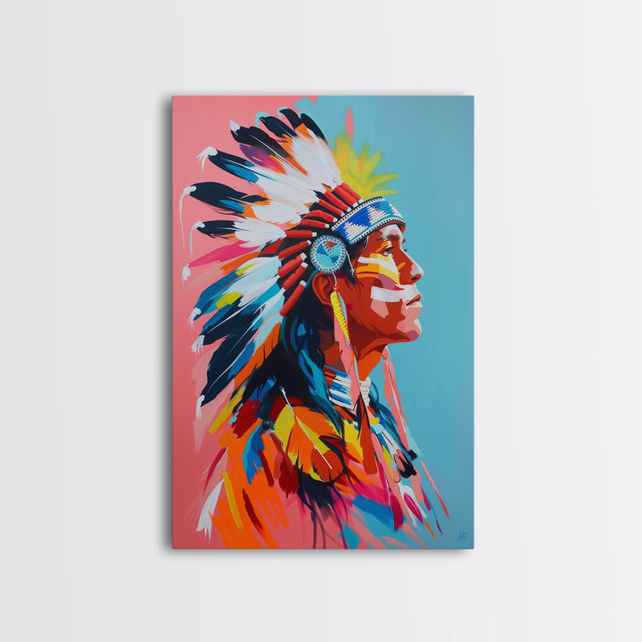 Colorful Native American Portrait - Framed Canvas Print, Vibrant Wall Art, Modern Living Room Decor, Bold Cultural Artwork, Native Art Print