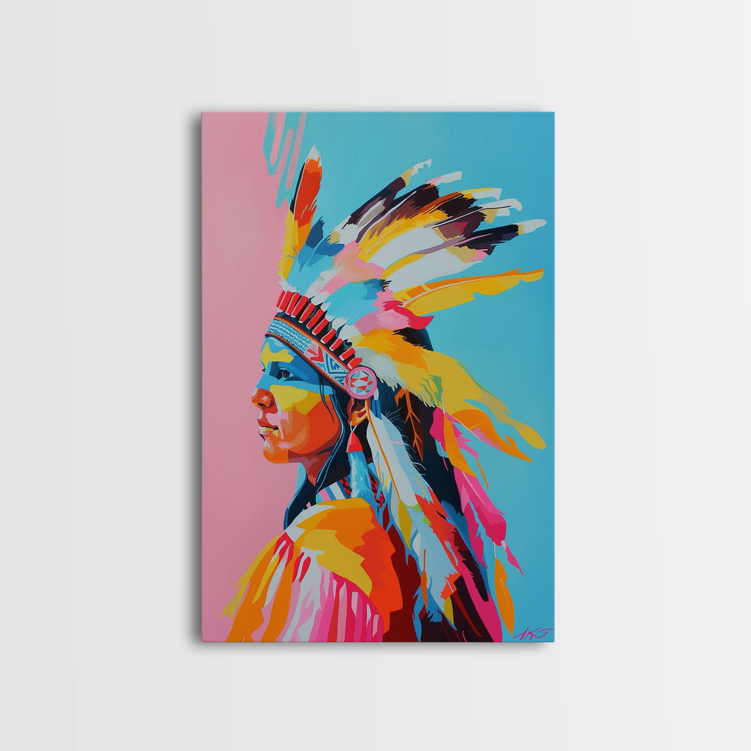 Colorful Native American Woman Framed Canvas Print - Stunning Wall Art, Bedroom Decor, Vibrant Tribal Artwork for Living Room