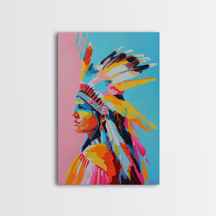 Colorful Native American Woman Framed Canvas Print - Stunning Wall Art, Bedroom Decor, Vibrant Tribal Artwork for Living Room