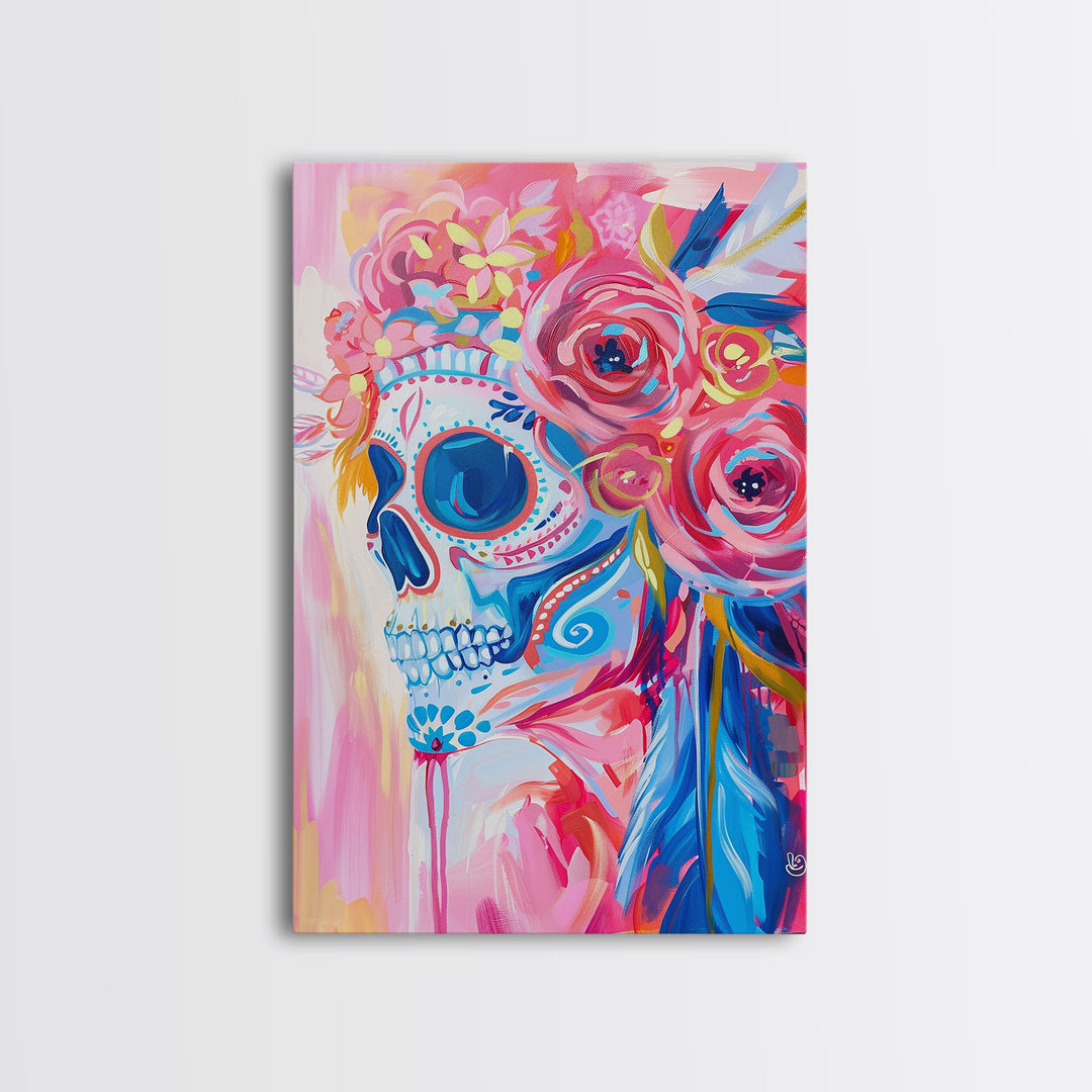 Floral Sugar Skull Framed Canvas Print - Day of the Dead Art, Colorful Wall Art, Living Room Decor, Mexican Folk Art for Bedroom
