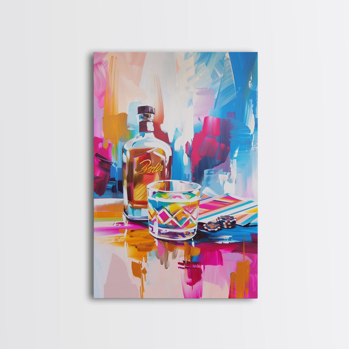 Colorful Whiskey Bottle and Glass Framed Canvas Print - Modern Bar Art, Living Room Decor, Vibrant Wall Art for Home Decoration
