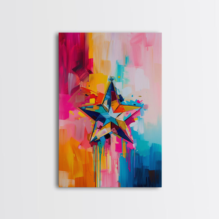 Colorful Abstract Star Wall Art - Framed Canvas Print, Modern Living Room Decor, Vibrant Star Artwork, Bedroom Wall Art