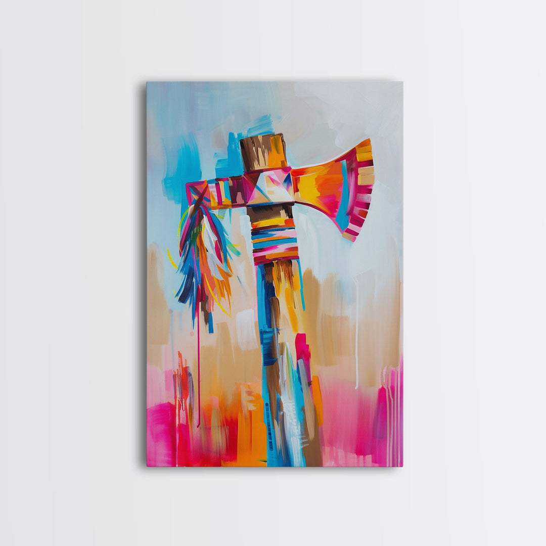 Colorful Feathered Axe Art - Framed Canvas Print, Vibrant Living Room Decor, Unique Wall Art, Modern Home Decor
