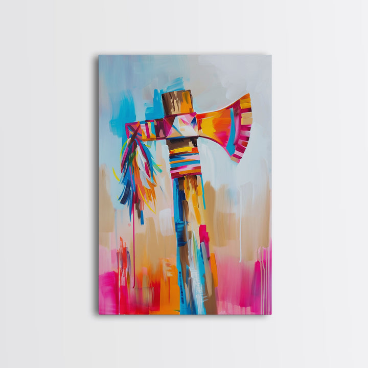 Colorful Feathered Axe Art - Framed Canvas Print, Vibrant Living Room Decor, Unique Wall Art, Modern Home Decor
