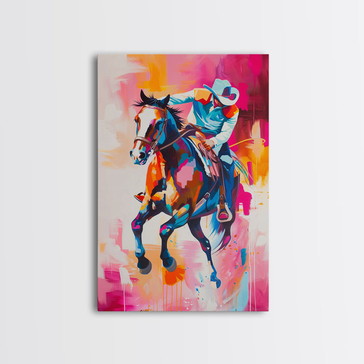 Colorful Cowboy Riding Horse Art - Framed Canvas Print, Vibrant Western Decor, Unique Living Room Wall Art, Home Decor