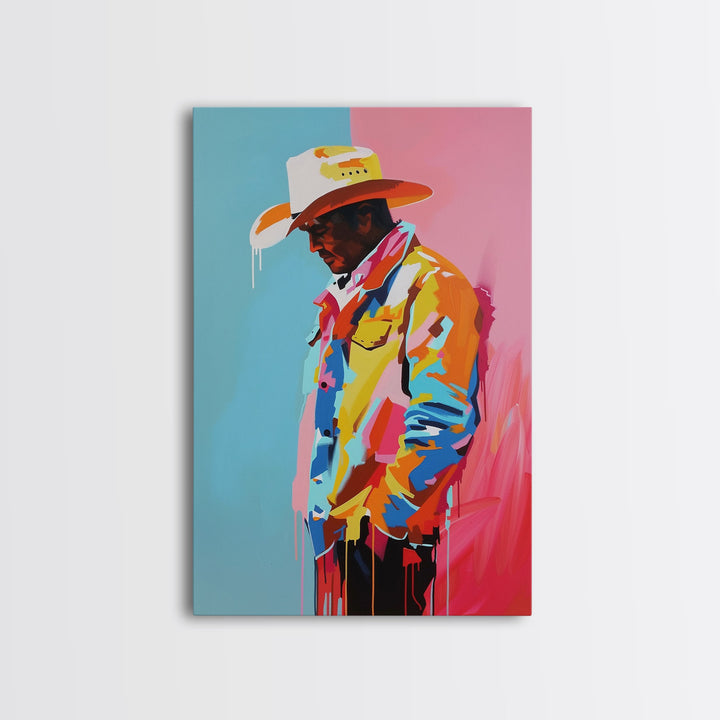 Colorful Pensive Cowboy Art - Framed Canvas Print, Vibrant Living Room Decor, Unique Wall Art, Modern Home Decor