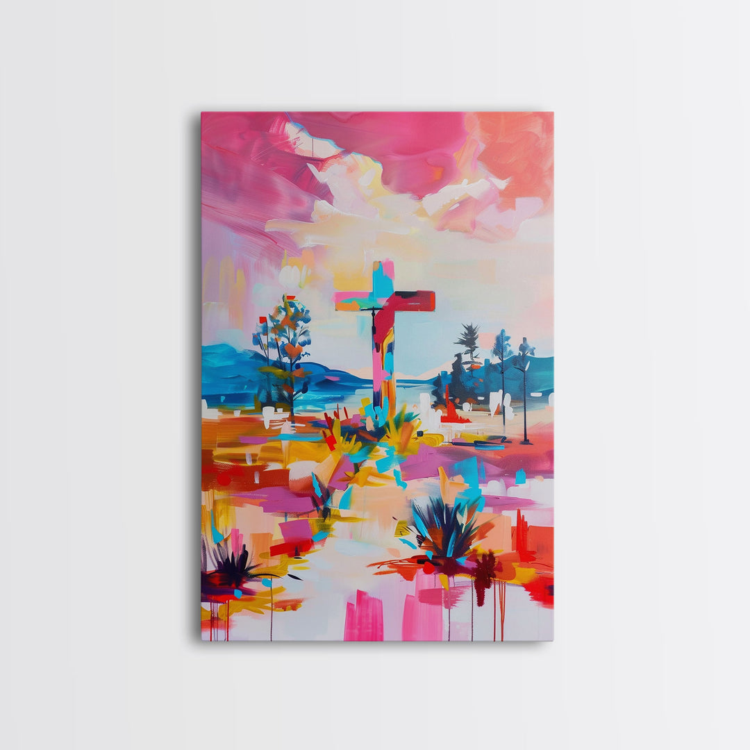 Cross on Vibrant Landscape - Framed Canvas Print, Colorful Western Art, Inspirational Wall Art for Living Room Decor