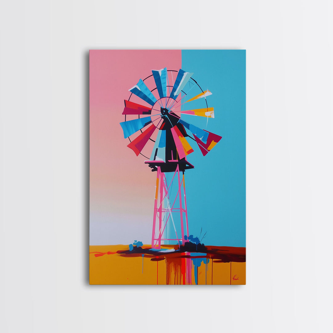 Bright Windmill Abstract Art - Framed Canvas Print, Whimsical Windmill Decor, Colorful Farmhouse Wall Art, Unique Living Room Decor
