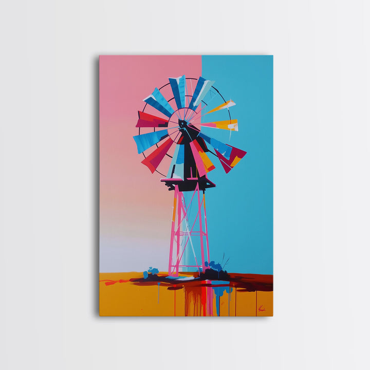 Bright Windmill Abstract Art - Framed Canvas Print, Whimsical Windmill Decor, Colorful Farmhouse Wall Art, Unique Living Room Decor