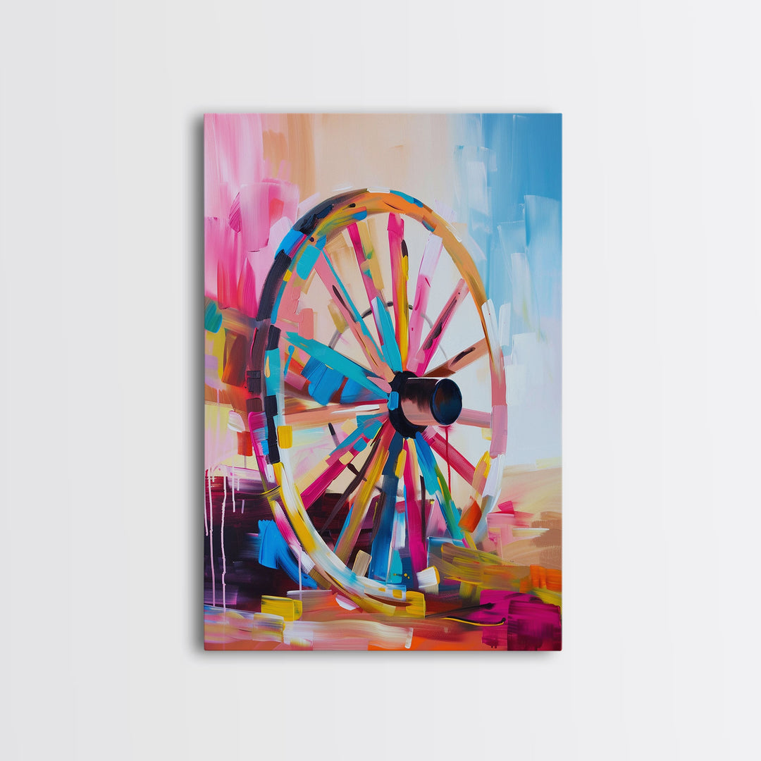 Vintage Wagon Wheel Canvas Art - Framed Canvas Print, Rustic Farmhouse Decor, Colorful Wheel Wall Art, Retro Bedroom Decoration