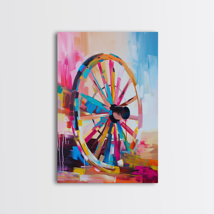 Vintage Wagon Wheel Canvas Art - Framed Canvas Print, Rustic Farmhouse Decor, Colorful Wheel Wall Art, Retro Bedroom Decoration