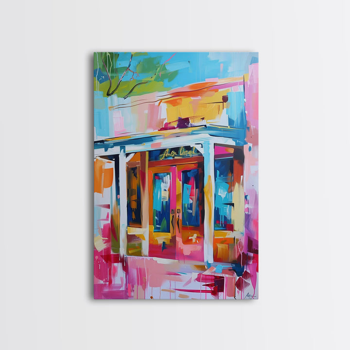 Colorful Abstract Storefront - Framed Canvas Print, Urban Landscape Art, City Vibes Decor for Home or Office