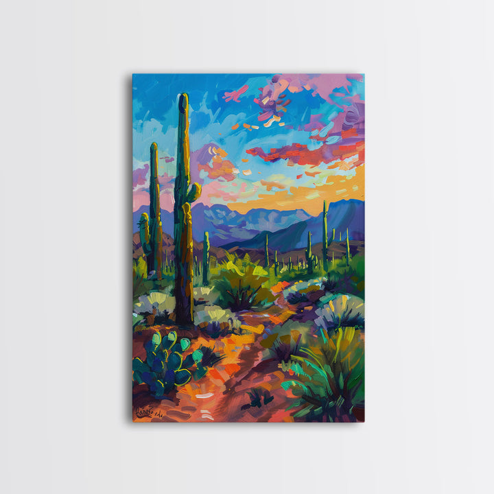 Framed Canvas Print, Cactus and Desert Path Wall Art, Vibrant Southwest Landscape for Living Room or Bedroom, Nature Art Poster Piece