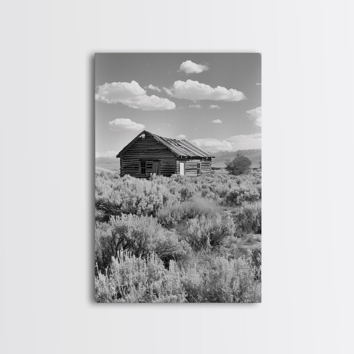 Abandoned Cabin in the Wild Black and White Photography - Framed Canvas Print, Rustic Home Decor, Vintage Landscape Wall Art