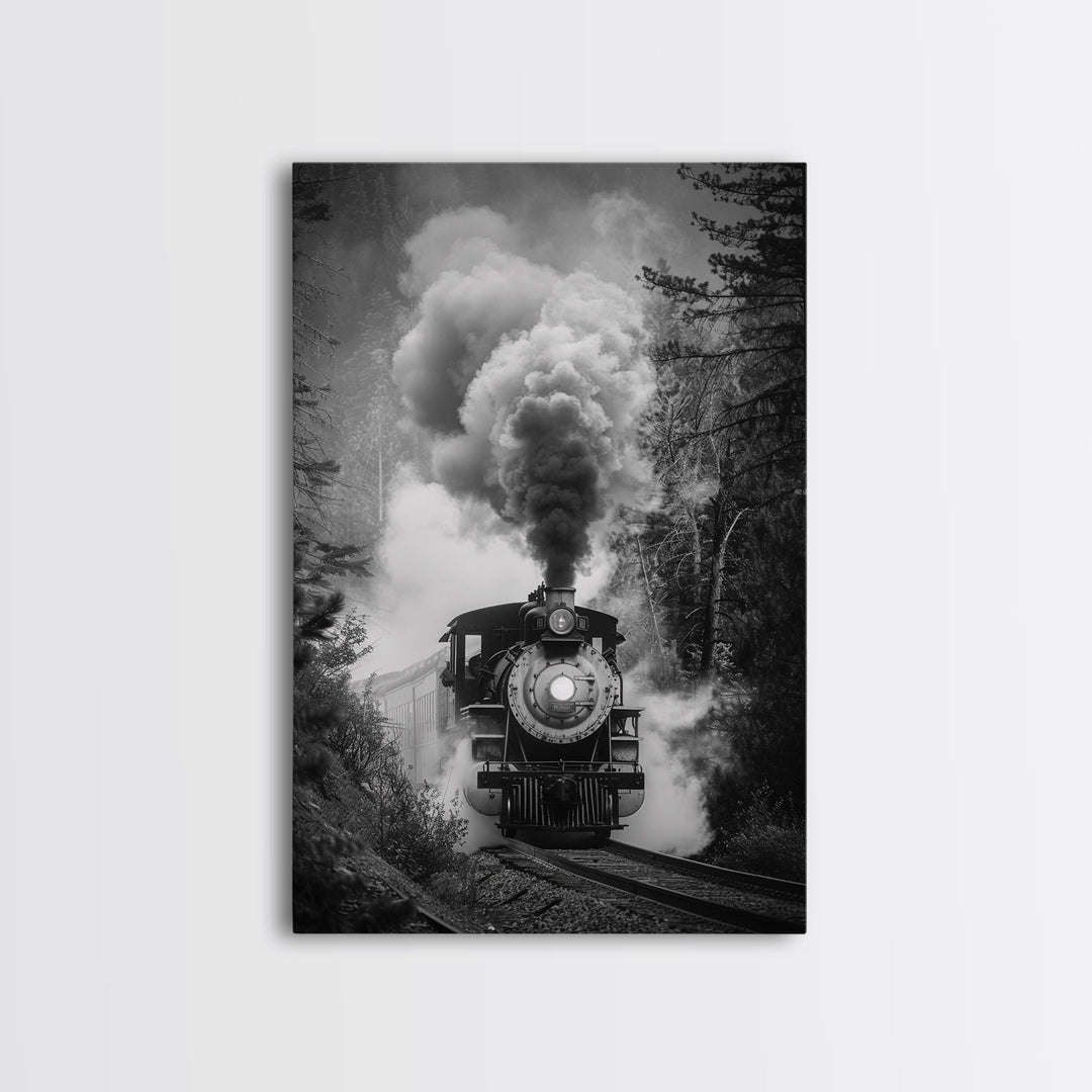 Steam Locomotive in the Forest Black and White Photography - Framed Canvas Print, Railroad Art, Vintage Train Wall Art for Home