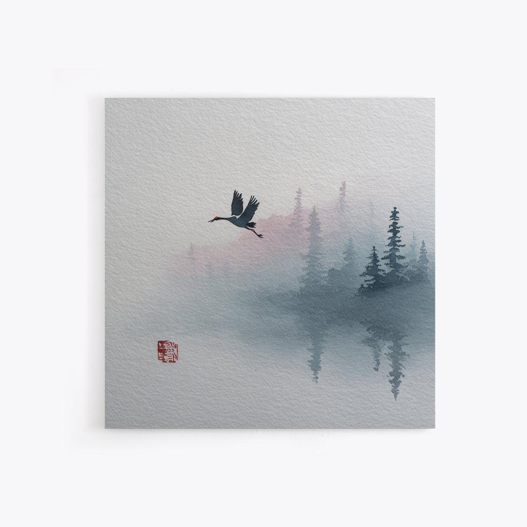 Monochrome Ink Crane Composition Framed Canvas Print, Wall Art, Abstract Art, Living Room Decor, Watercolor Art, WAL-1x1-24
