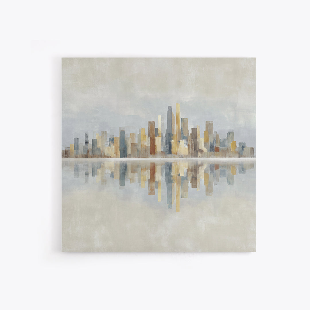 Urban Skyline in Muted Evening Color Framed Canvas Print, Wall Art, Wood Wall Art, Living Room Decor, Fine Art, WAL-1x1-42