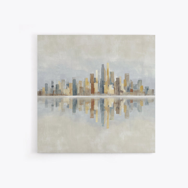 Urban Skyline in Muted Evening Color Framed Canvas Print, Wall Art, Wood Wall Art, Living Room Decor, Fine Art, WAL-1x1-42