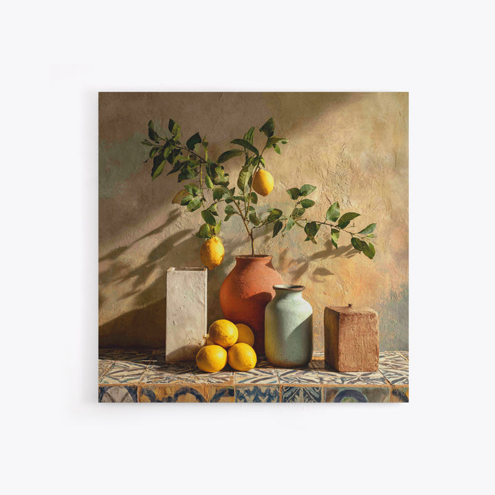 Mediterranean Lemon Branch Still Life Framed Canvas Print, Wall Art, Prints Wall Art, Living Room Decor, Oil Painting, WAL-1x1-46