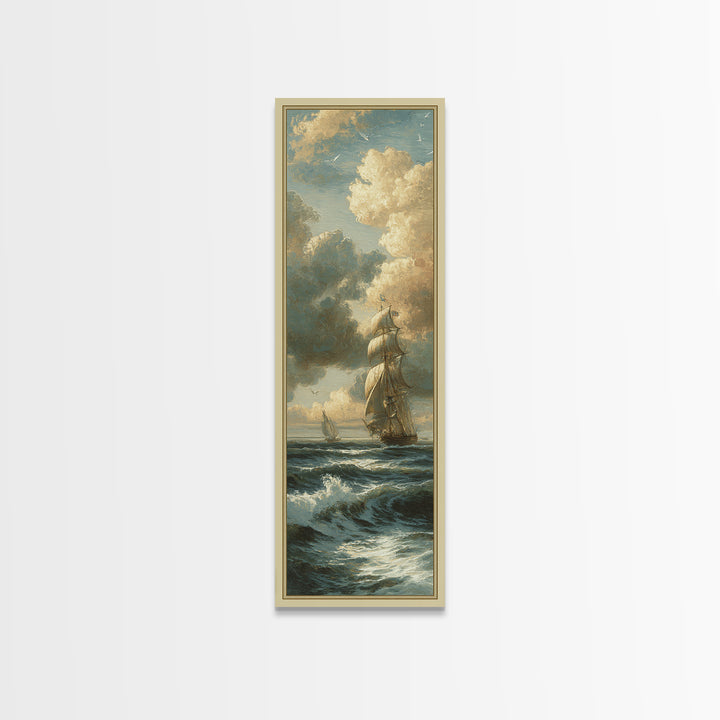 Classic Seascape with Dramatic Clouds Framed Canvas Print, Wall Art, Mid Century Modern, Living Room Decor, Abstract Art, WAL-1x3-15