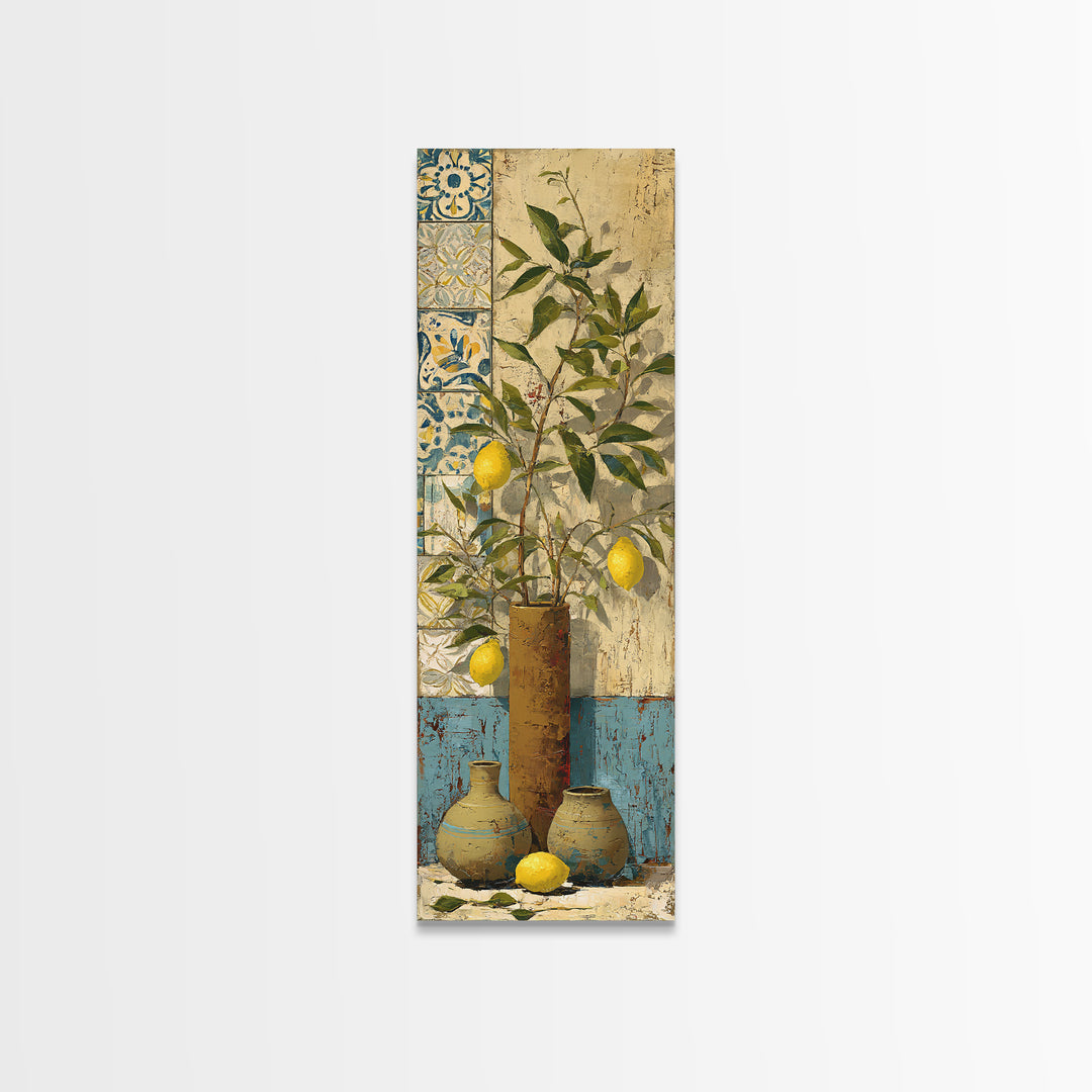 Mediterranean Lemon Branch Still Life Framed Canvas Print, Wall Art, Abstract Wall Art, Living Room Decor, Fine Art, WAL-1x3-34
