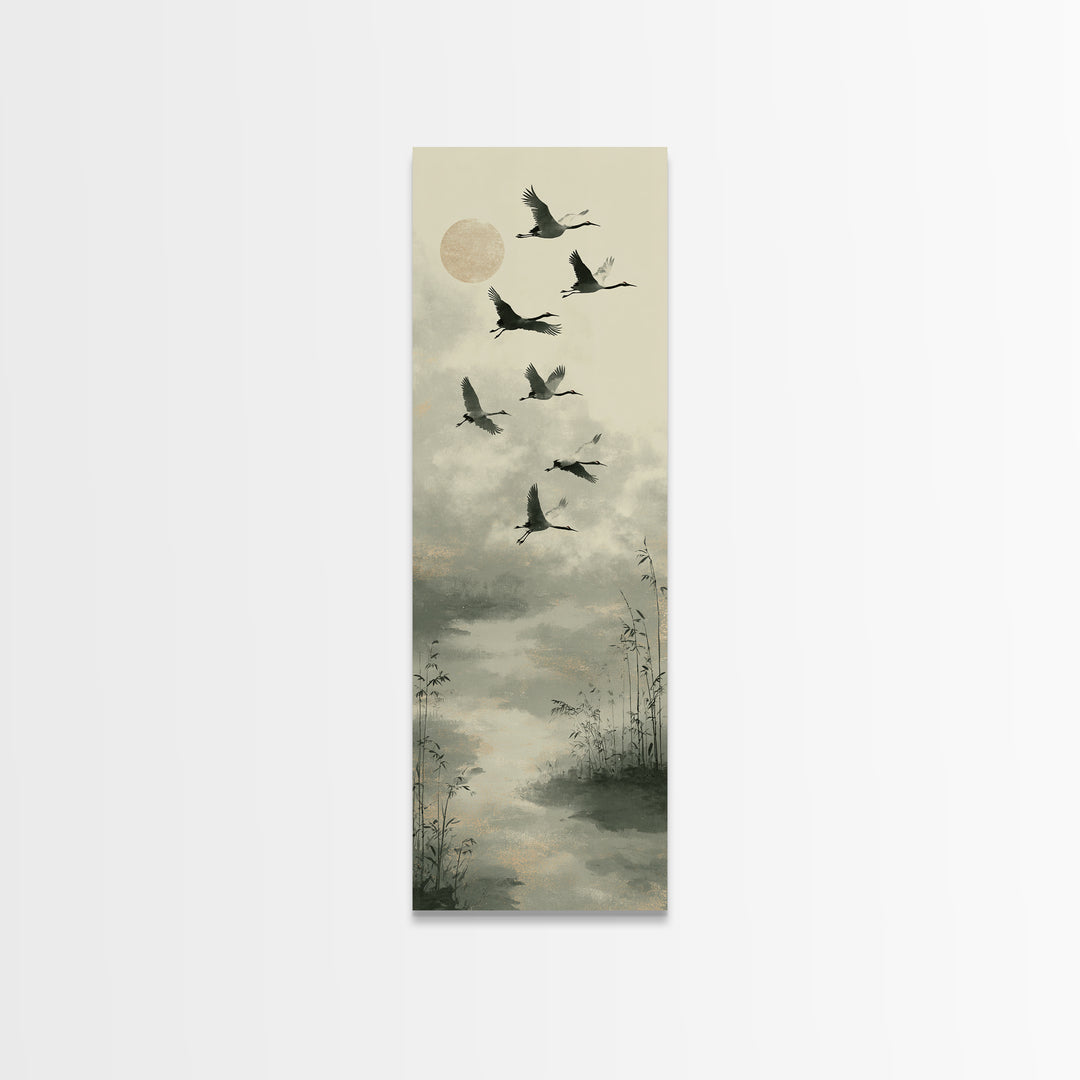Monochrome Ink Crane Composition Canvas Print, Wall Art, Mid Century Modern, Living Room Decor, Abstract Art, WAL-1x3-60