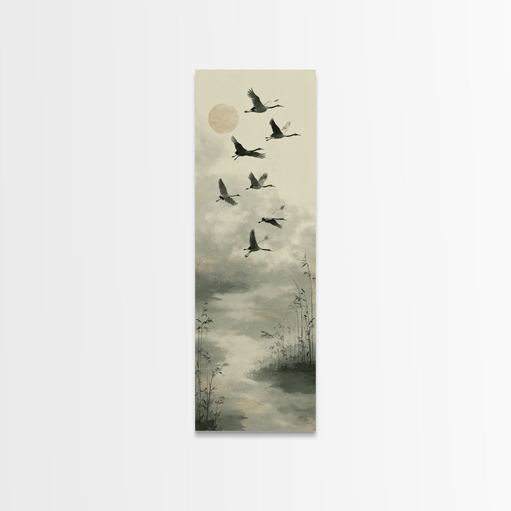 Monochrome Ink Crane Composition Canvas Print, Wall Art, Mid Century Modern, Living Room Decor, Abstract Art, WAL-1x3-60