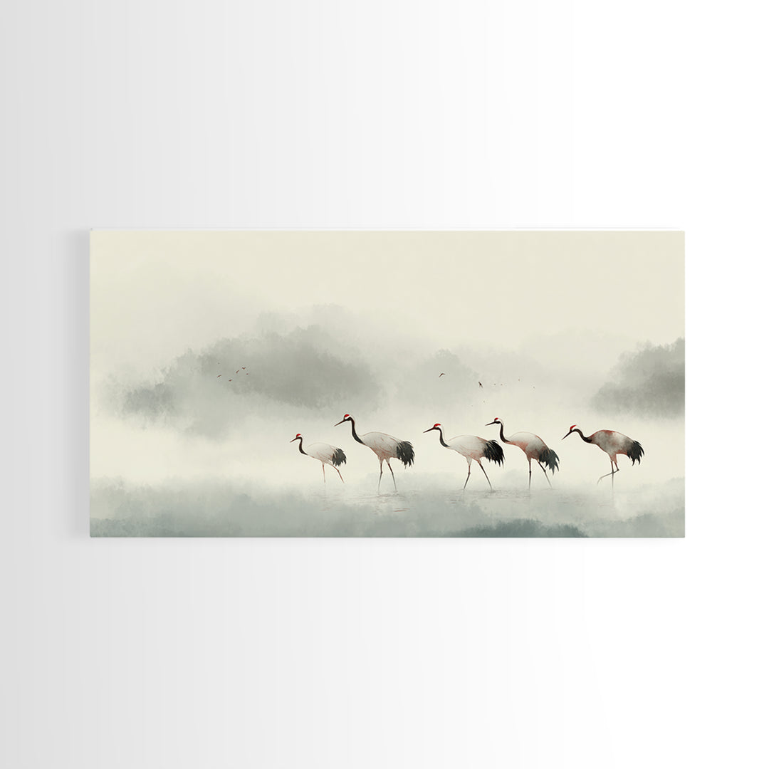 Monochrome Ink Crane Composition Framed Canvas Print, Wall Art, Statement Artwork, Living Room Decor, Fine Art, WAL-2x1-20