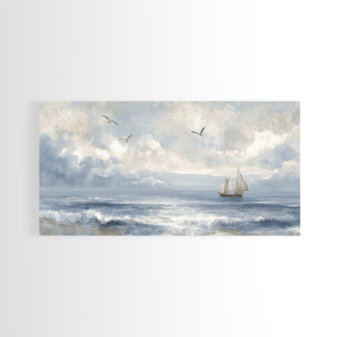 Classic Seascape with Dramatic Clouds Framed Canvas Print, Wall Art, Wall Hangings, Living Room Decor, Watercolor Art, WAL-2x1-23