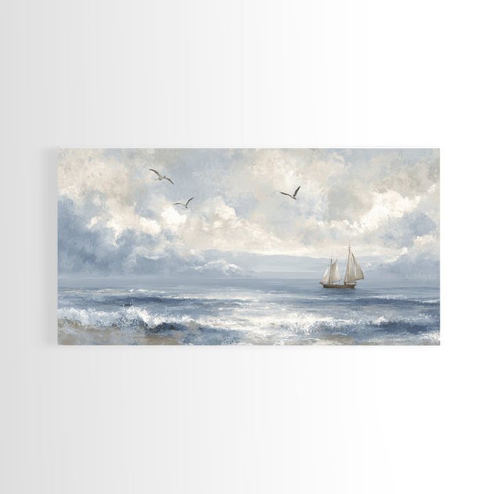 Classic Seascape with Dramatic Clouds Framed Canvas Print, Wall Art, Wall Hangings, Living Room Decor, Watercolor Art, WAL-2x1-23