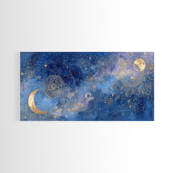 Celestial Moon and Stars Artwork Framed Canvas Print, Wall Art, Contemporary Art, Living Room Decor, Fine Art, WAL-2x1-34