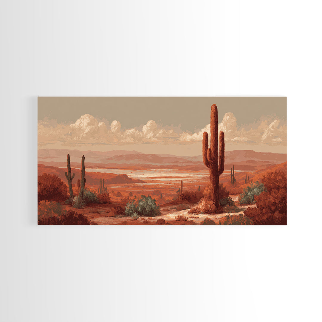 Desert Landscape in Warm Terracotta Tones Framed Canvas Print, Wall Art, Wall Clock, Living Room Decor, Watercolor Art, WAL-2x1-51