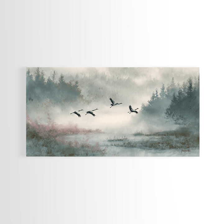 Monochrome Ink Crane Composition Canvas Print, Wall Art, Wall Hangings, Living Room Decor, Watercolor Art, Framed Wall Art, WAL-2x1-68